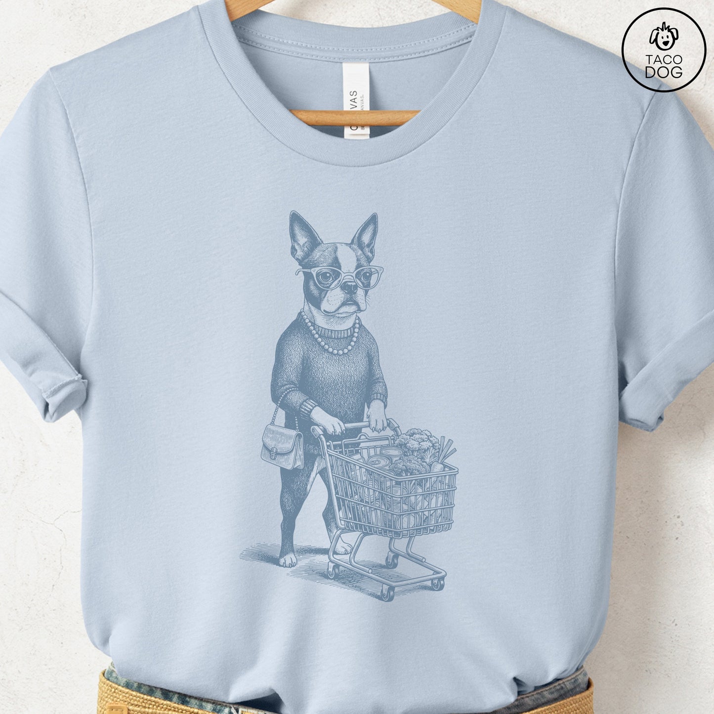 Boston Terrier Grocery T-Shirt Light Blue S Taco-Dog