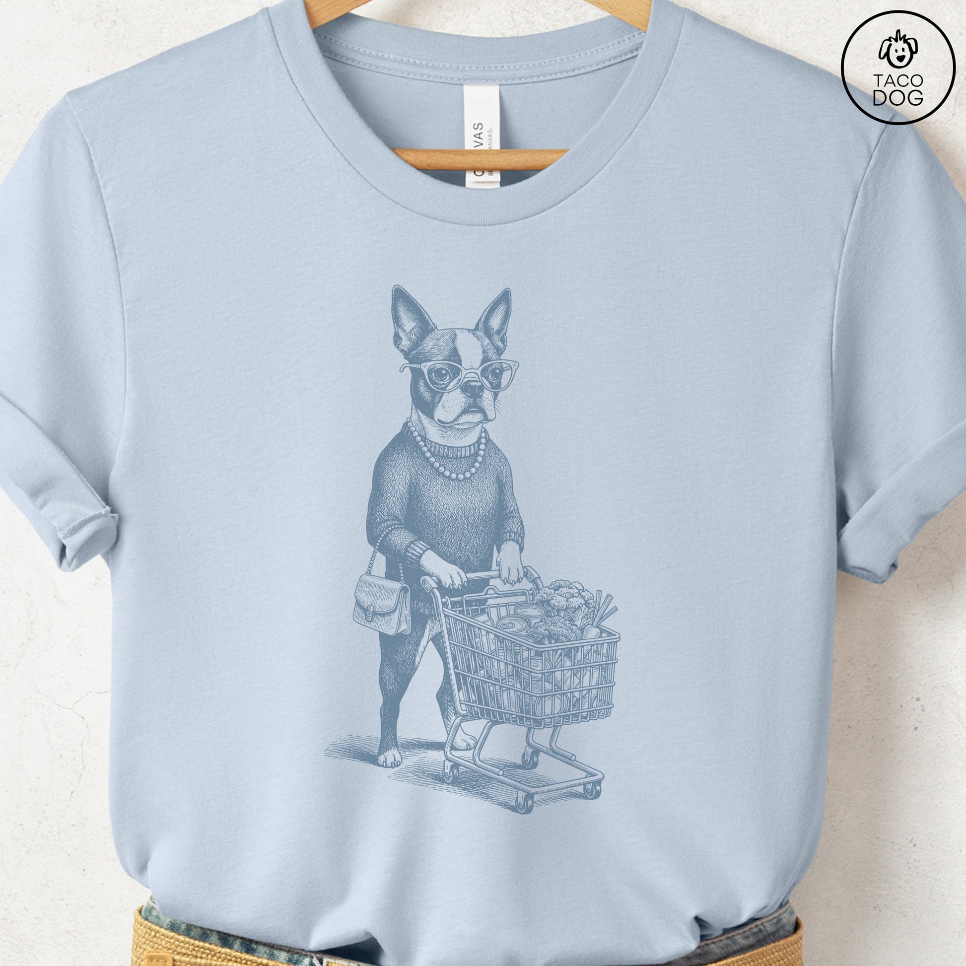Boston Terrier Grocery T-Shirt Light Blue S Taco-Dog
