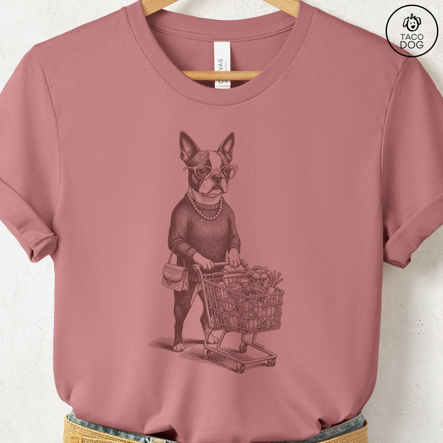 Boston Terrier Grocery T-Shirt Heather Mauve S Taco-Dog