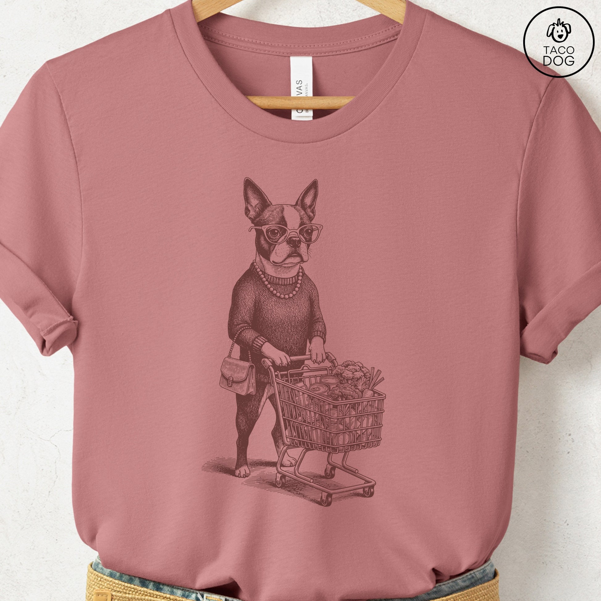 Boston Terrier Grocery T-Shirt Heather Mauve S Taco-Dog