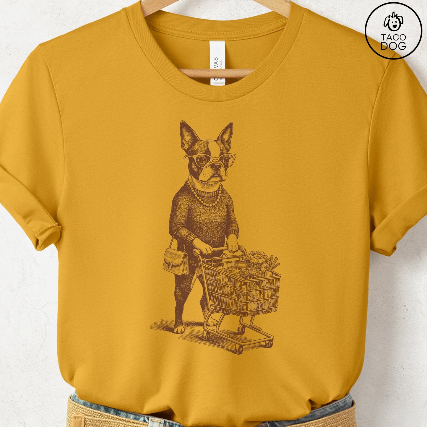 Boston Terrier Grocery T-Shirt Mustard S Taco-Dog
