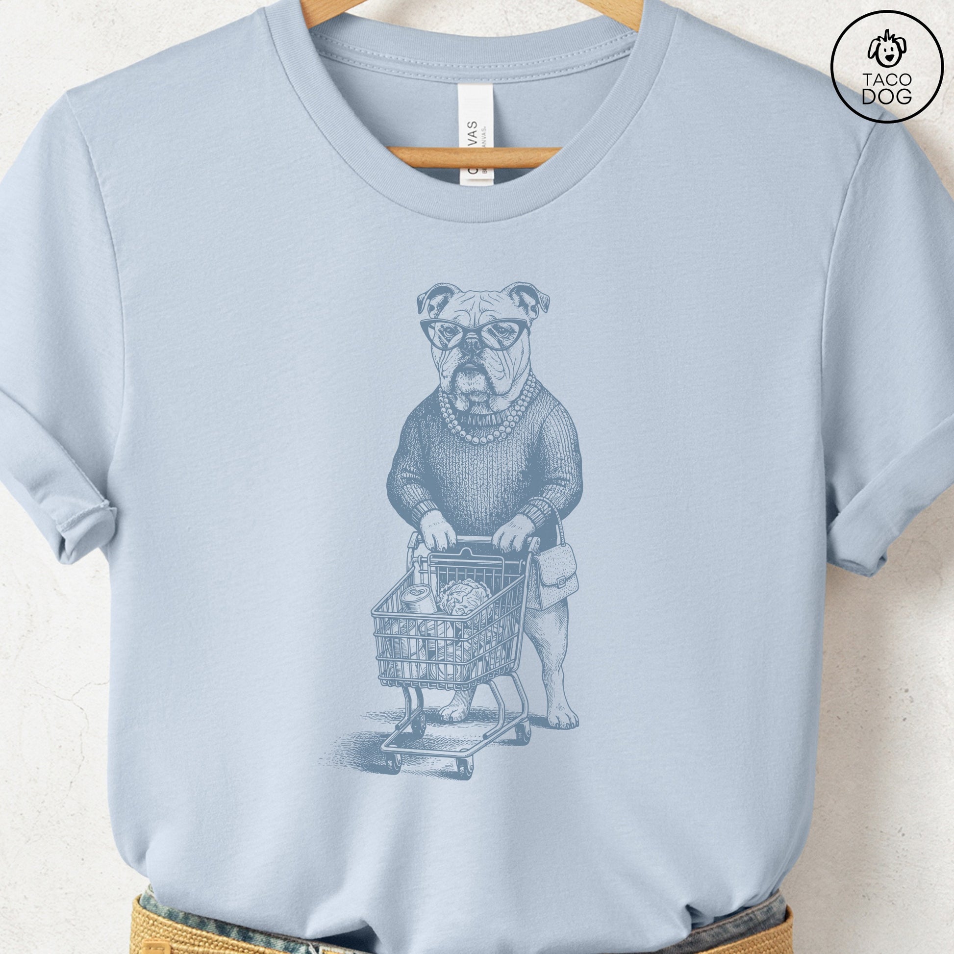 English Bulldog Grocery T-Shirt Light Blue S Taco-Dog