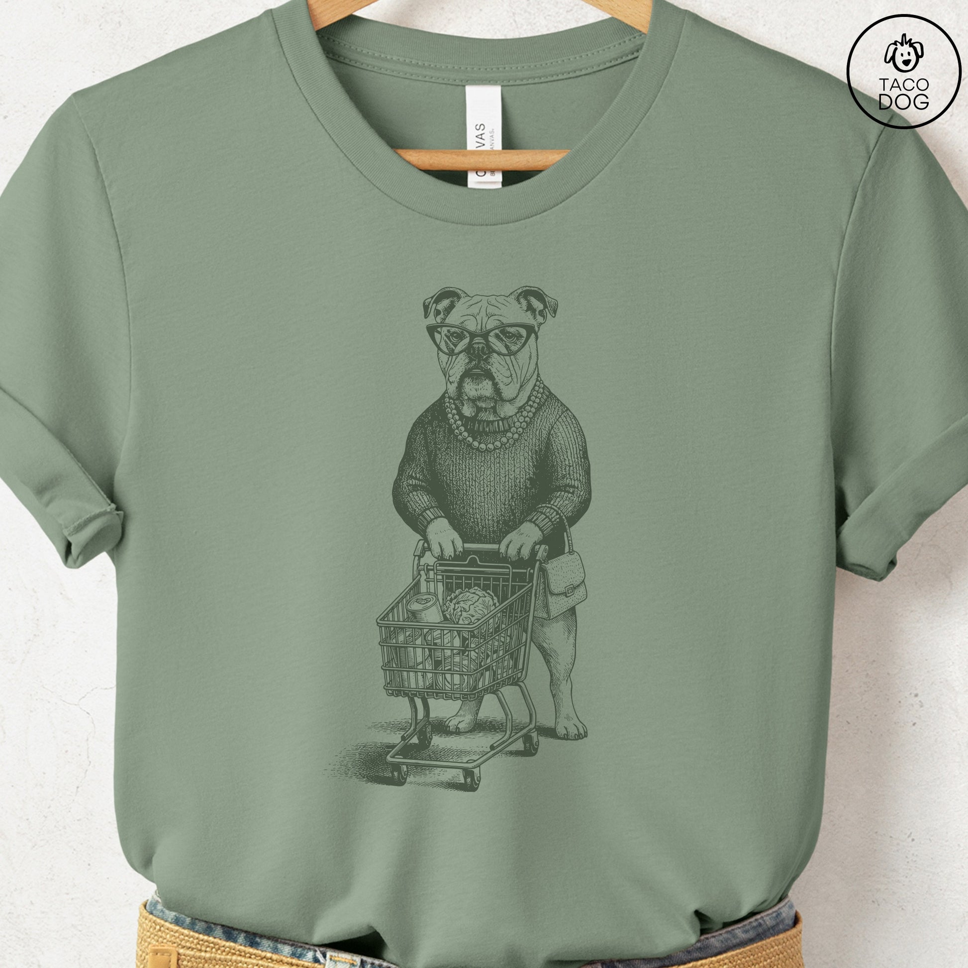 English Bulldog Grocery T-Shirt Sage S Taco-Dog
