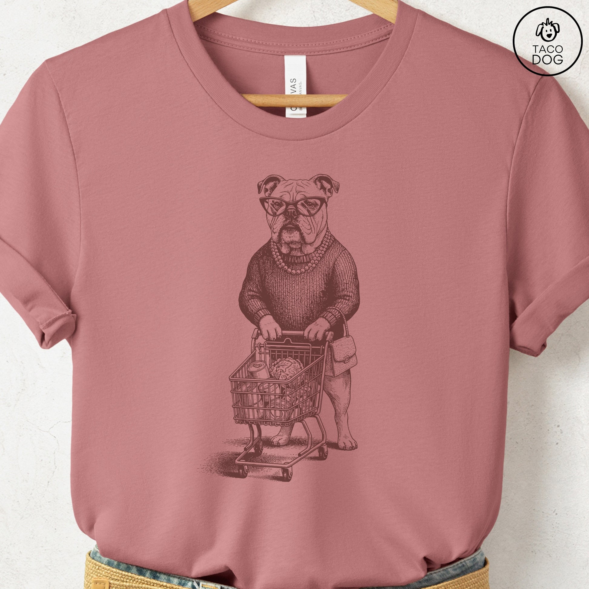 English Bulldog Grocery T-Shirt Heather Mauve S Taco-Dog
