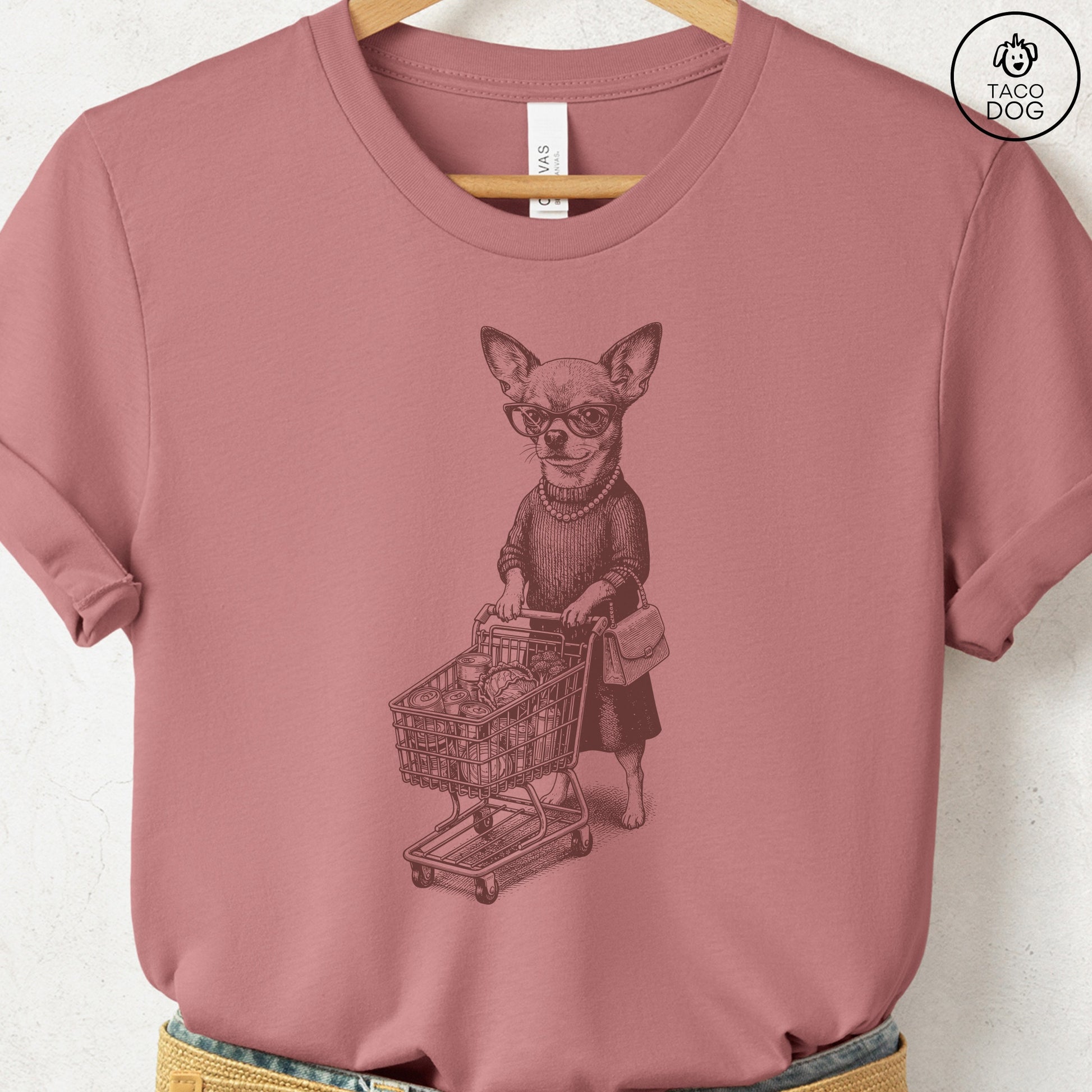 Chihuahua Grocery T-Shirt Heather Mauve S Taco-Dog