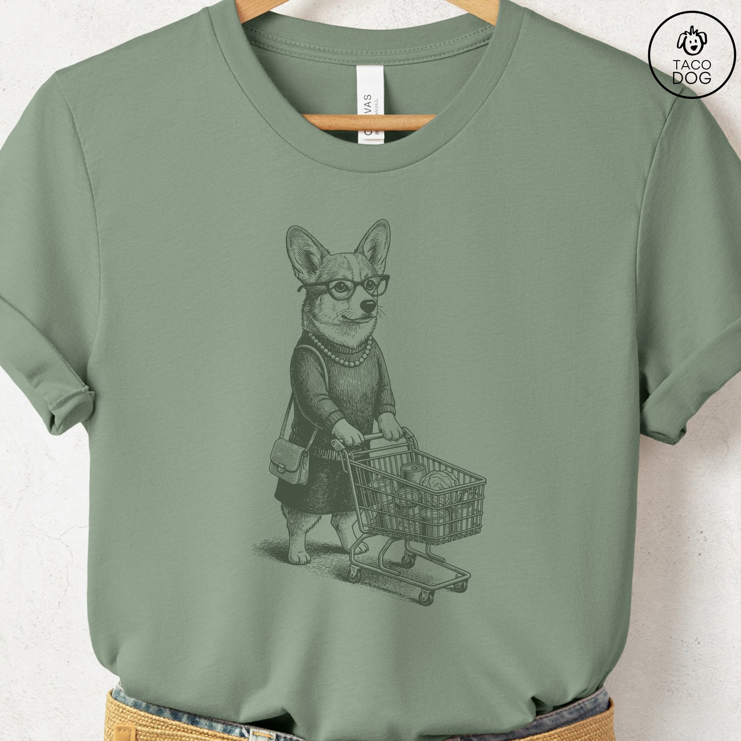 Corgi Grocery T-Shirt Sage S Taco-Dog