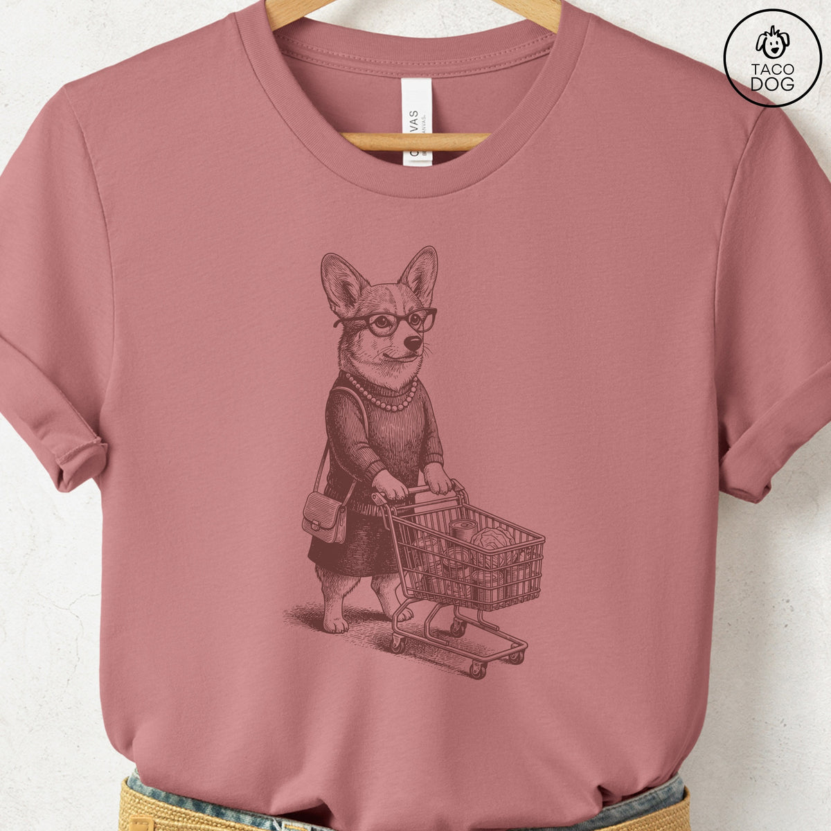 Corgi Grocery T-Shirt, design close-up