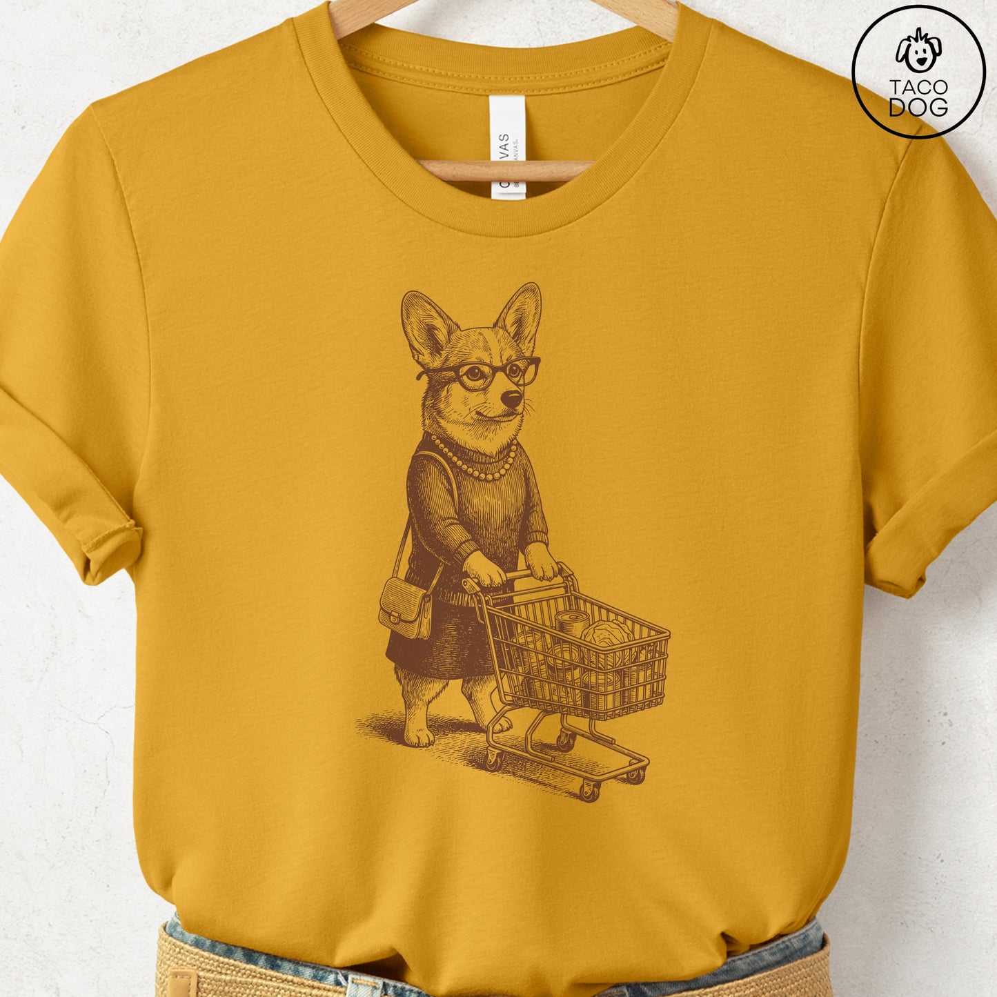 Corgi Grocery T-Shirt Mustard S Taco-Dog