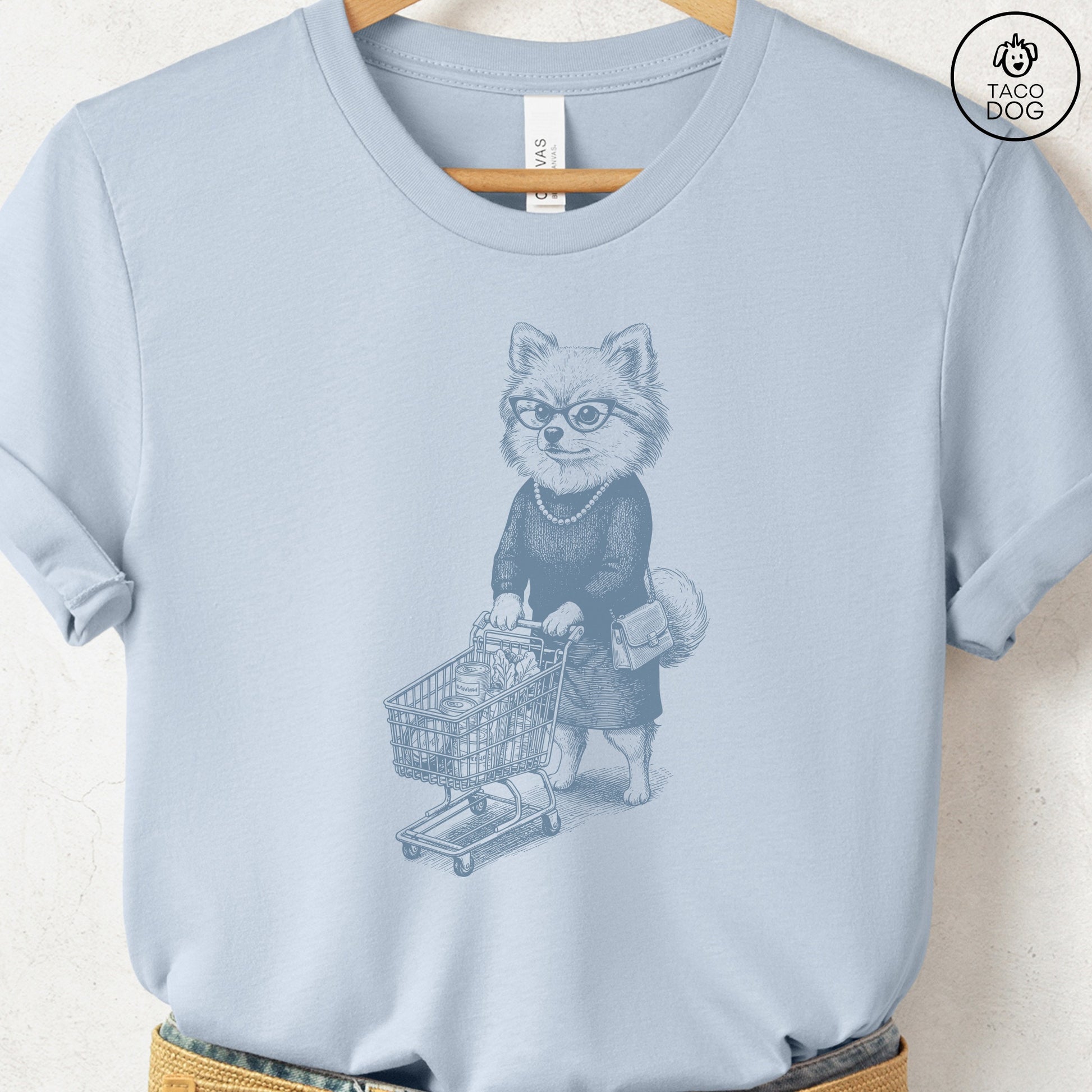 Pomeranian Grocery T-Shirt Light Blue S Taco-Dog