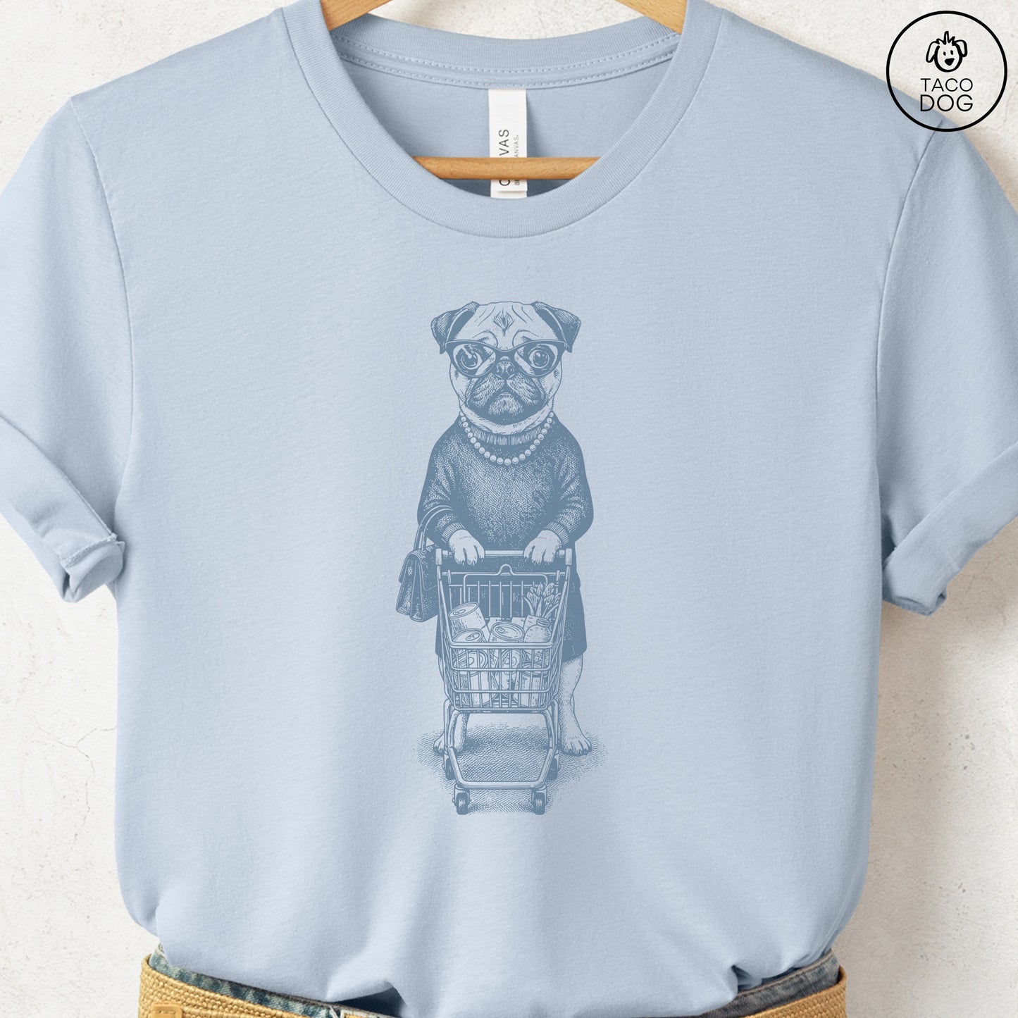 Pug Grocery T-Shirt Light Blue S Taco-Dog