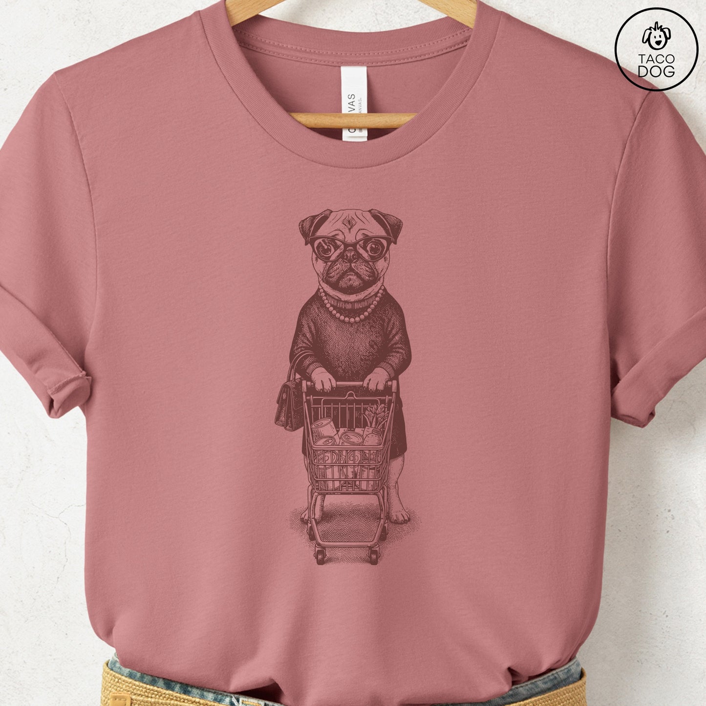 Pug Grocery T-Shirt Heather Mauve S Taco-Dog