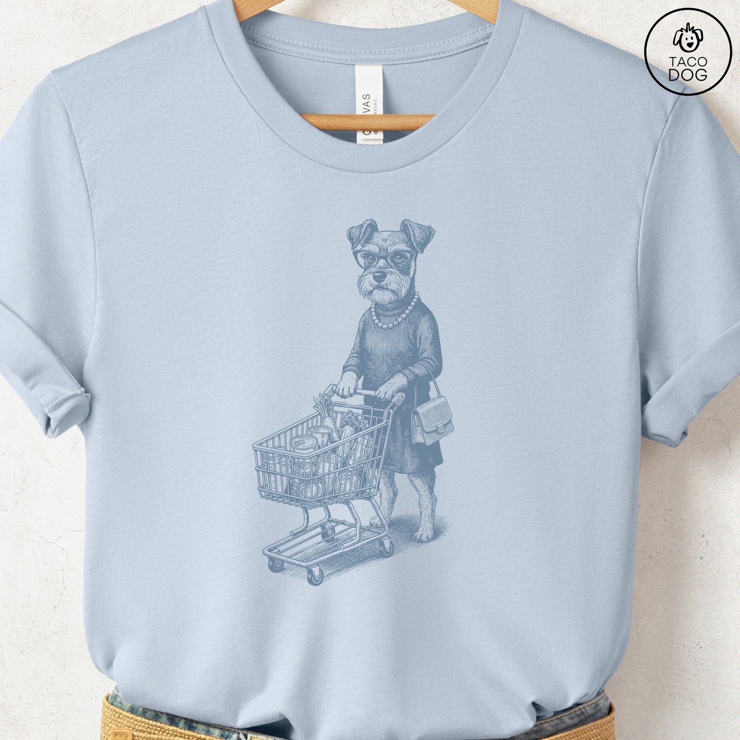 Schnauzer Grocery T-Shirt Light Blue S Taco-Dog