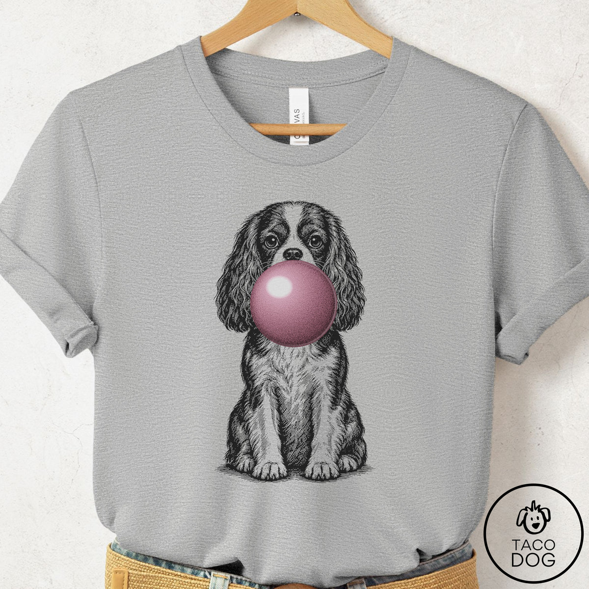 Cavalier King Charles Spaniel Gum Bubblegum T-Shirt Athletic Heather Taco-Dog