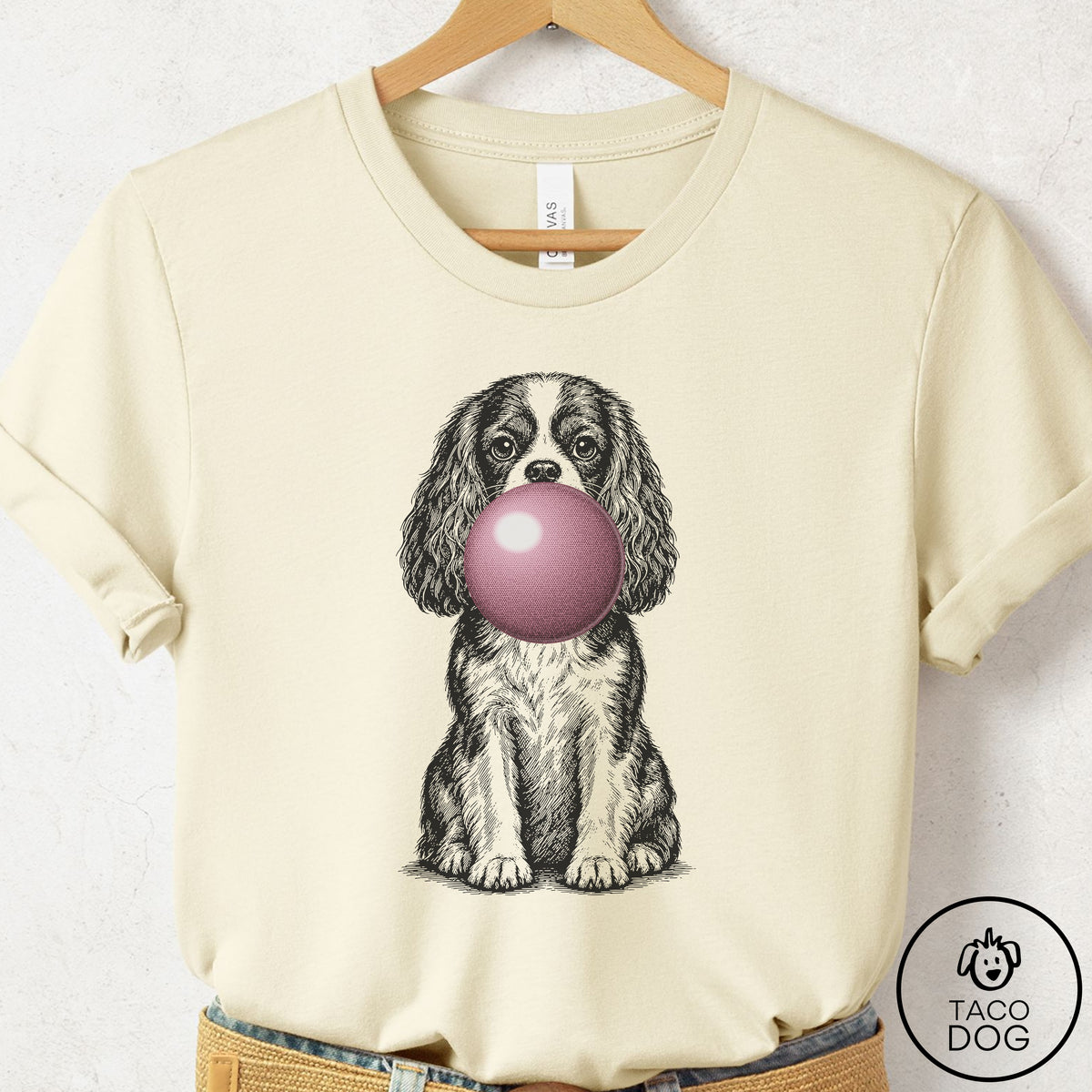 Cavalier King Charles Spaniel Gum Bubblegum T-Shirt Natural Taco-Dog