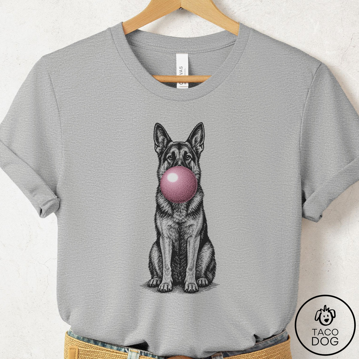 German Shepherd Gum Bubblegum T-Shirt Athletic Heather Taco-Dog