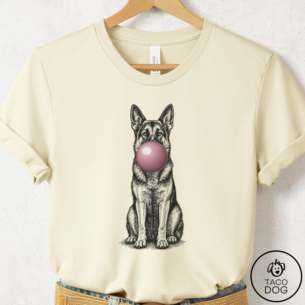 German Shepherd Gum Bubblegum T-Shirt Natural Taco-Dog