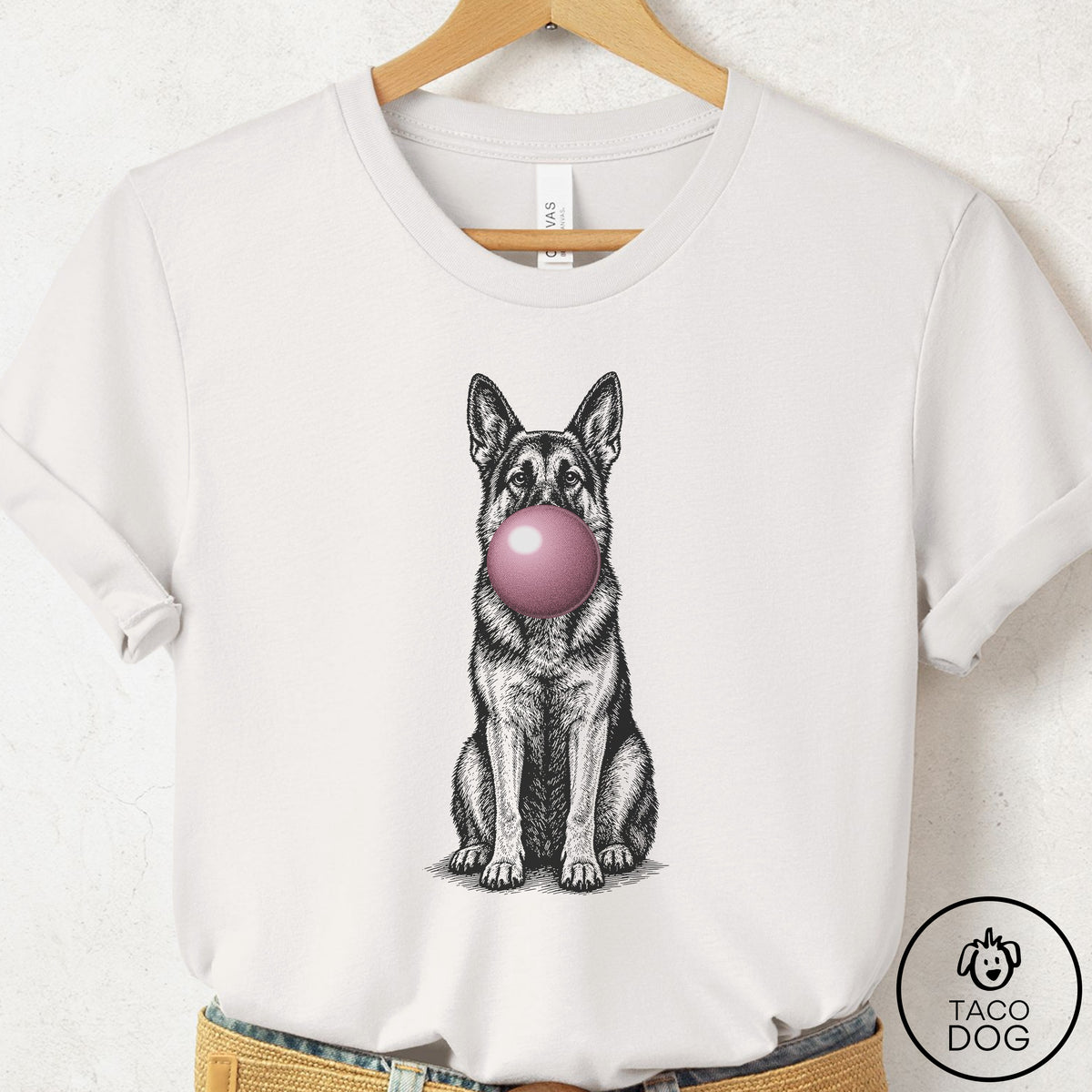 German Shepherd Gum Bubblegum T-Shirt Vintage White Taco-Dog