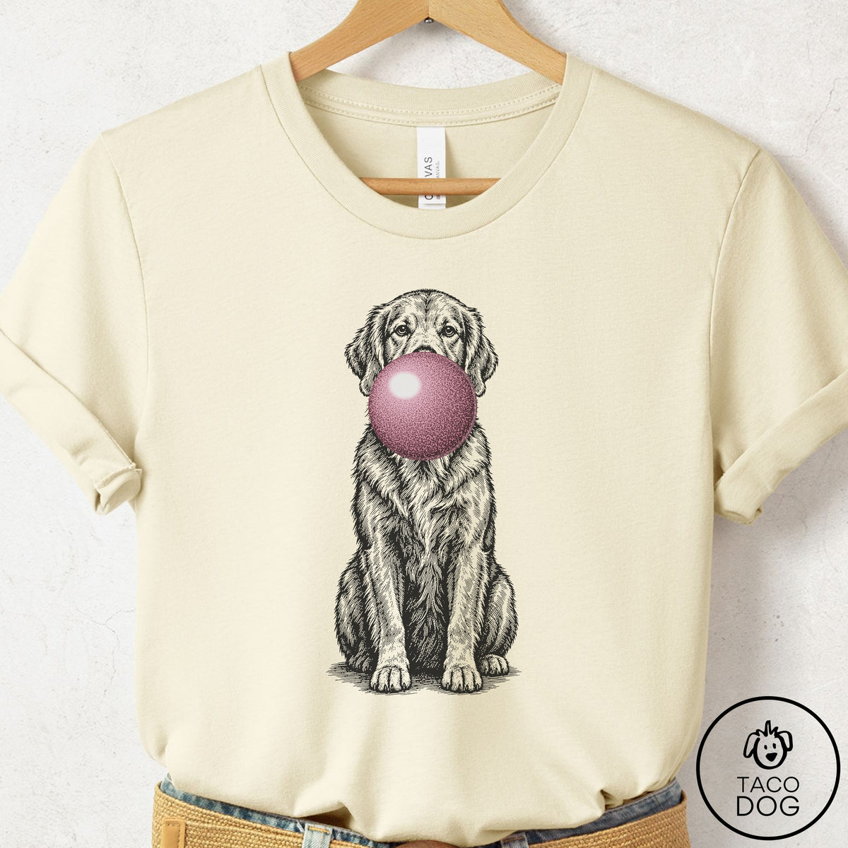 Golden Retriever Gum Bubblegum T-Shirt Natural Taco-Dog