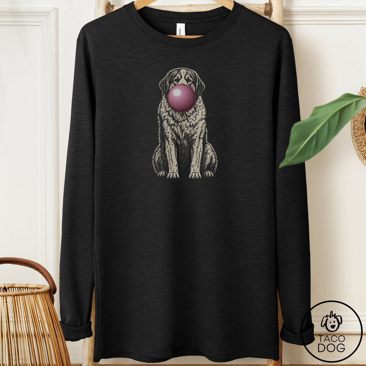 Great Pyrenees Gum Bubblegum Long Sleeve Tee Black Heather Taco-Dog