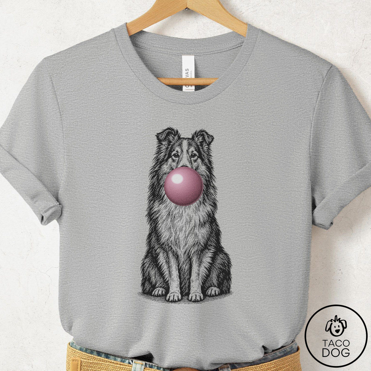 Shetland Sheepdog Gum Bubblegum T-Shirt Athletic Heather Taco-Dog