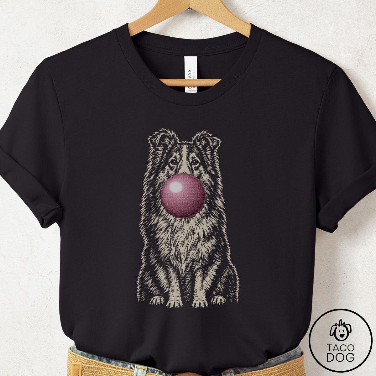 Shetland Sheepdog Gum Bubblegum T-Shirt Black Taco-Dog