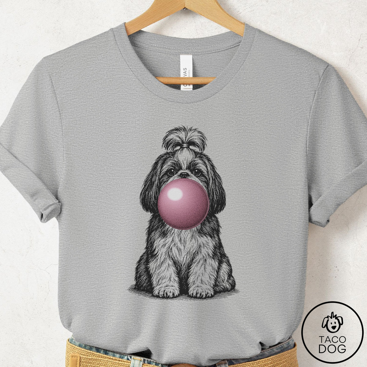 Shih Tzu Gum Bubblegum T-Shirt Athletic Heather Taco-Dog