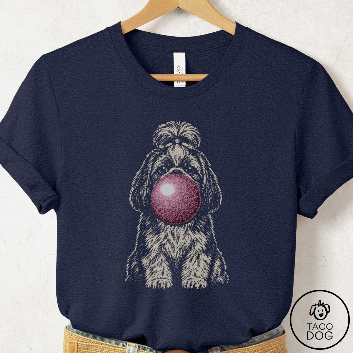 Shih Tzu Gum Bubblegum T-Shirt Heather Midnight Navy Taco-Dog