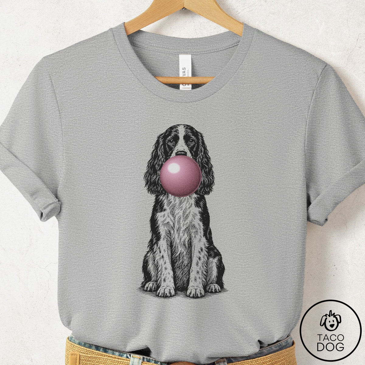 Springer Spaniel Gum Bubblegum T-Shirt Athletic Heather Taco-Dog
