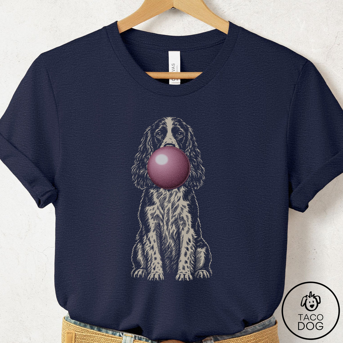 Springer Spaniel Gum Bubblegum T-Shirt Heather Midnight Navy Taco-Dog