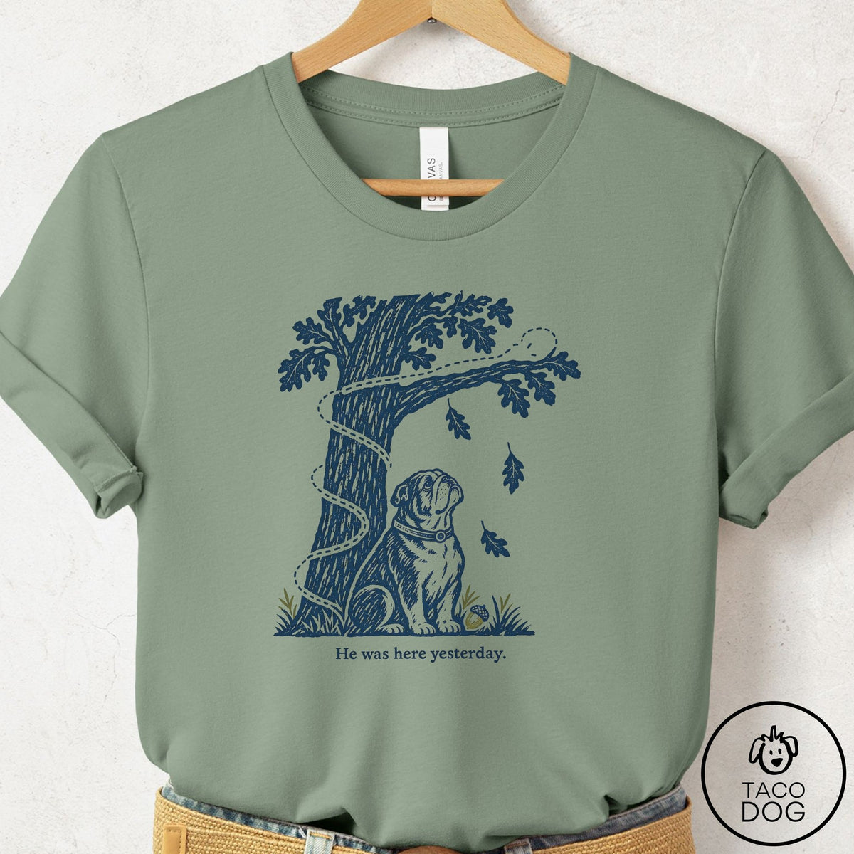 English Bulldog He Was Here Yesterday T-Shirt, design close-up