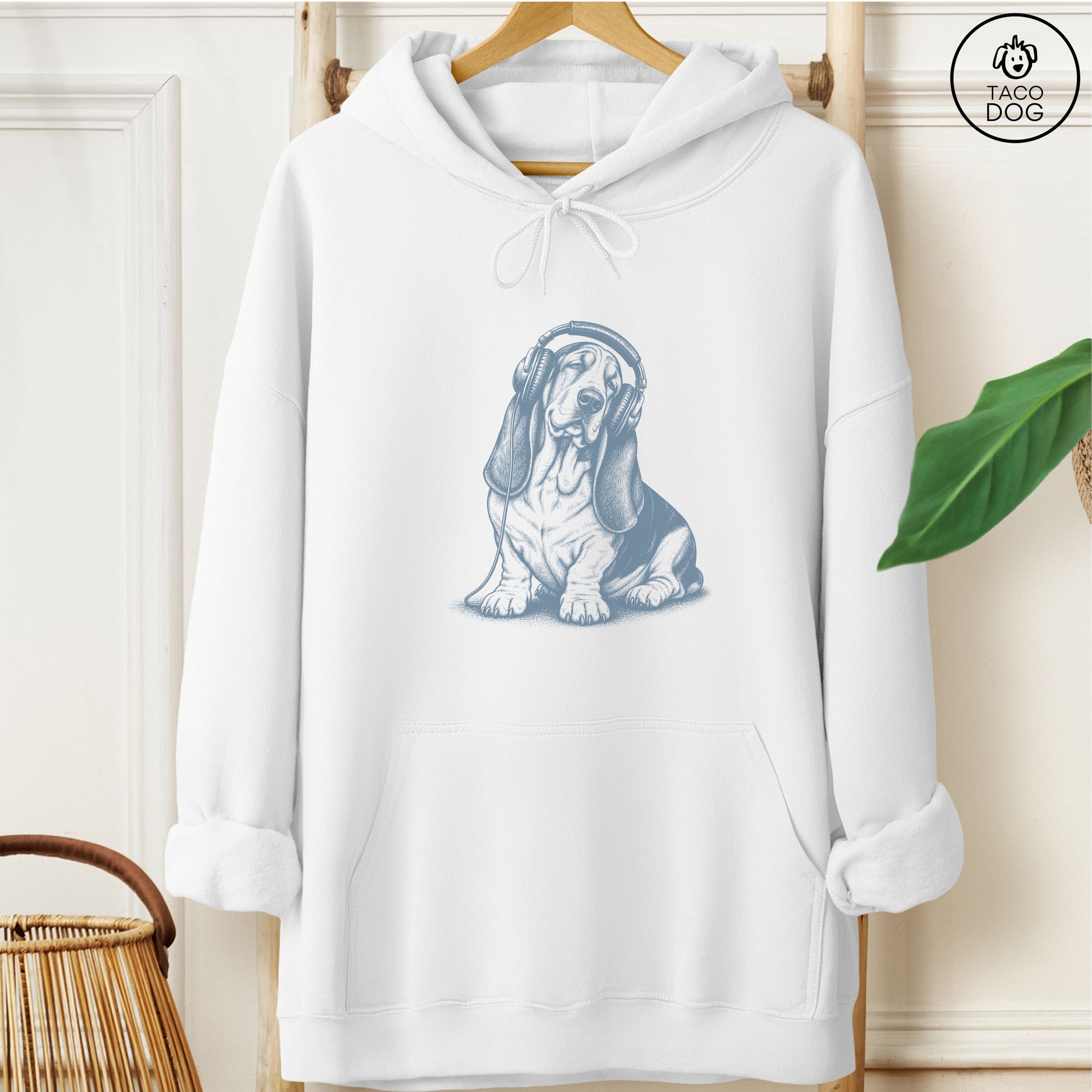 Basset Hound Headphones Hoodie White Taco-Dog