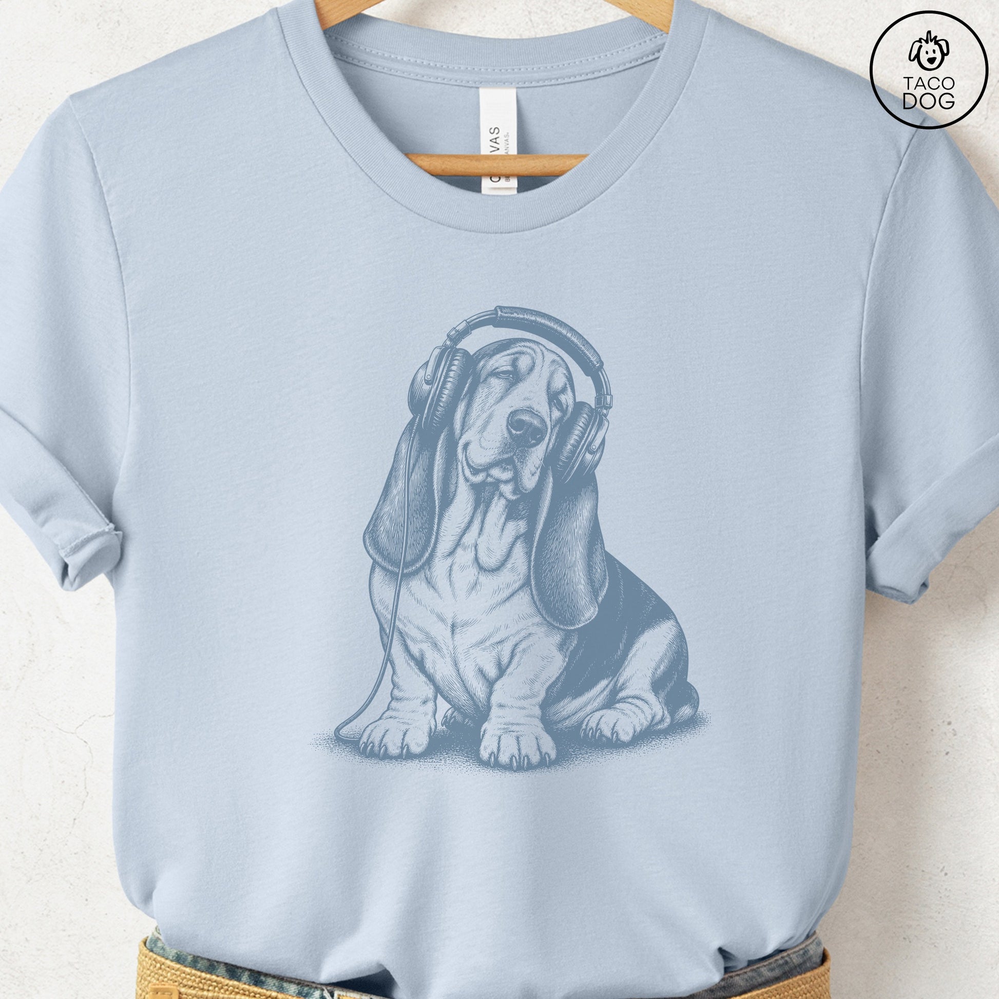 Basset Hound Headphones T-Shirt Light Blue Taco-Dog