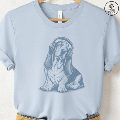 Basset Hound Headphones T-Shirt Light Blue Taco-Dog