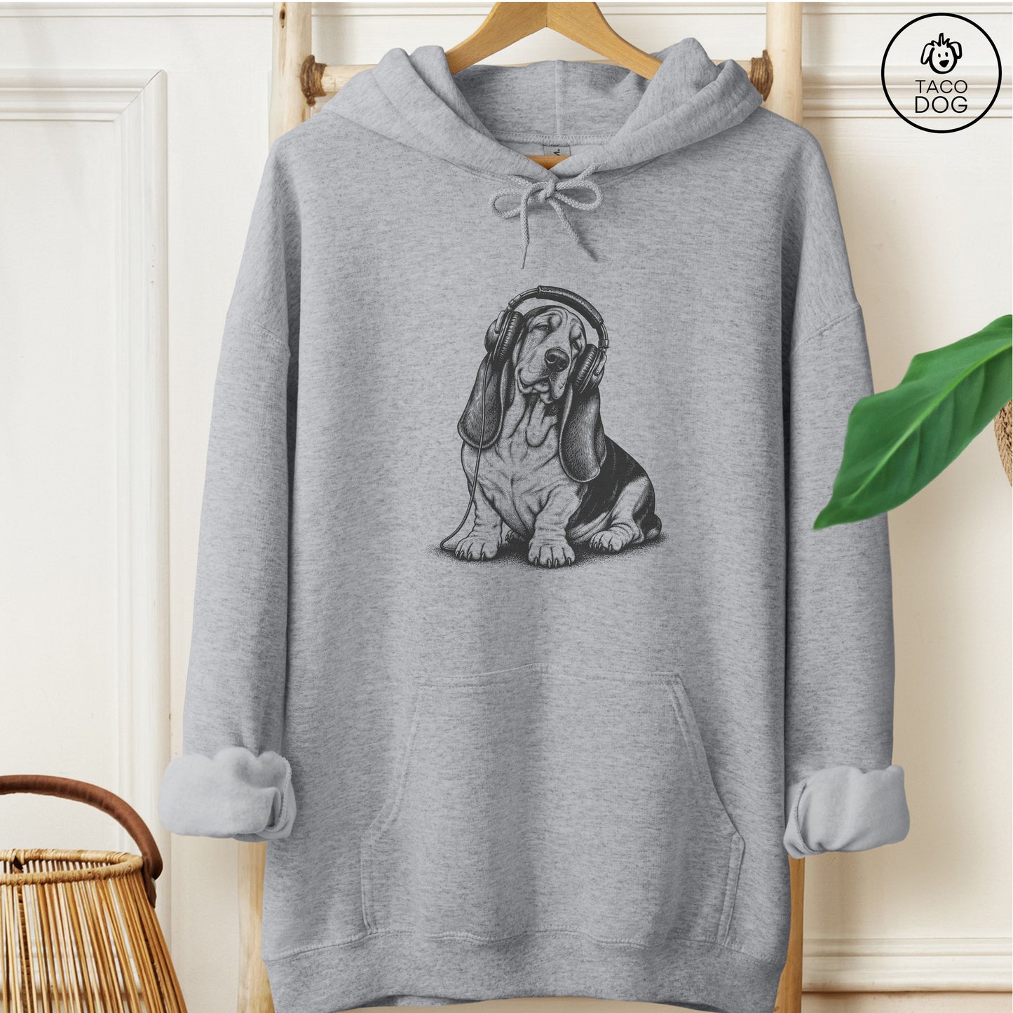 Basset Hound Headphones Hoodie Graphite Heather Taco-Dog