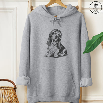 Basset Hound Headphones Hoodie Graphite Heather Taco-Dog