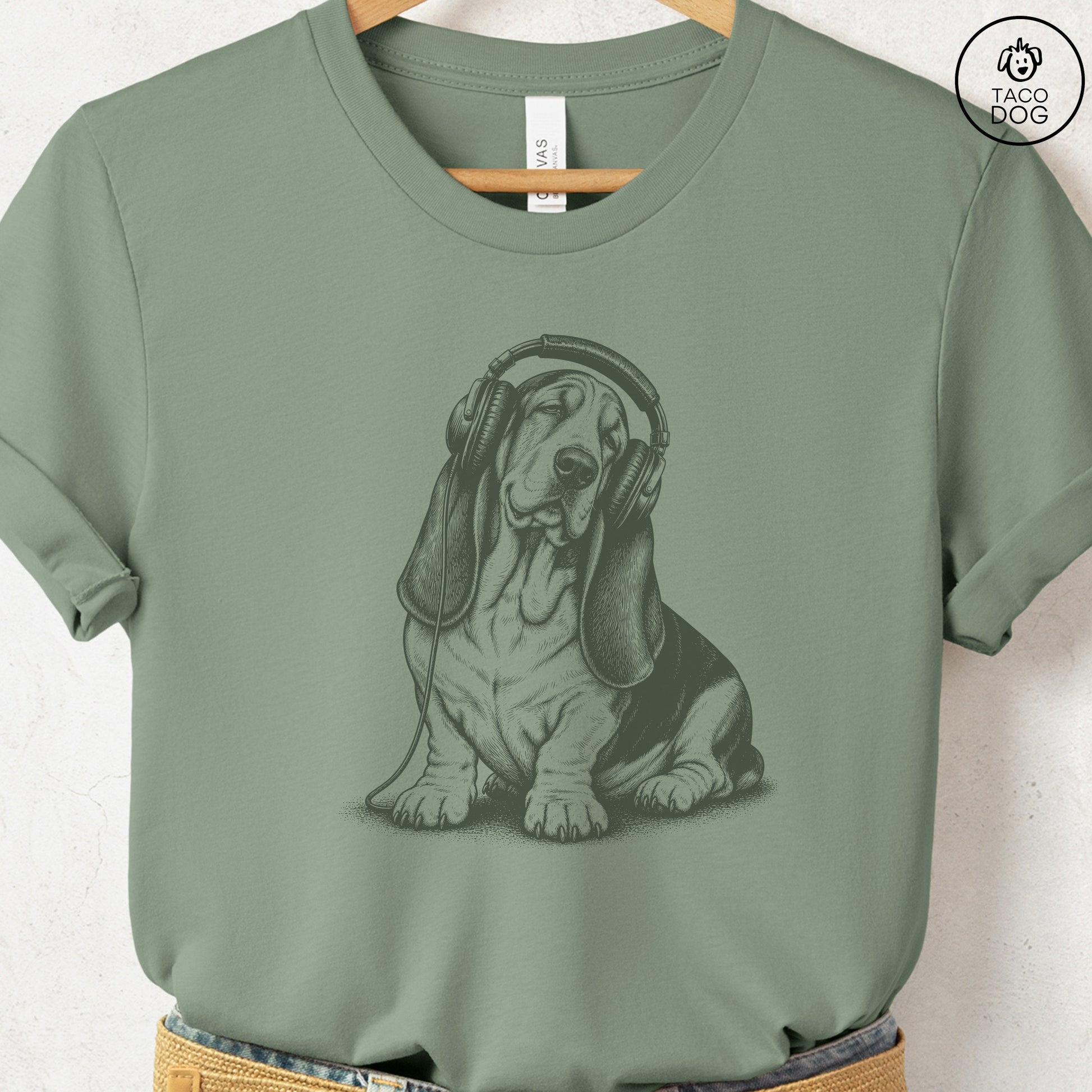 Basset Hound Headphones T-Shirt Sage Taco-Dog