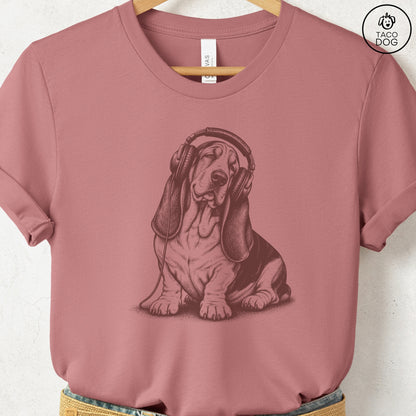 Basset Hound Headphones T-Shirt Heather Mauve Taco-Dog