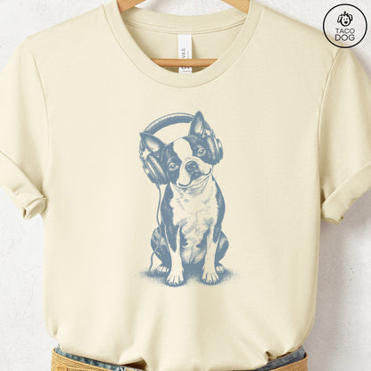 Boston Terrier Headphones T-Shirt Natural Taco-Dog