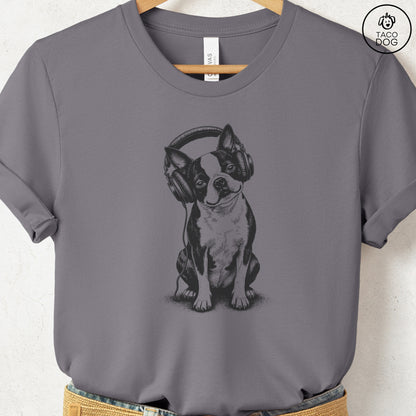 Boston Terrier Headphones T-Shirt Storm Taco-Dog