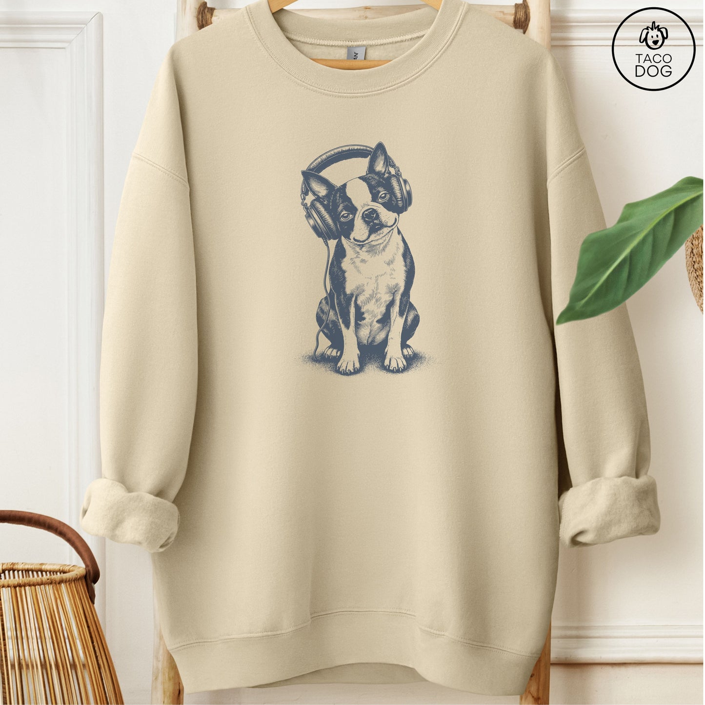 Boston Terrier Headphones Sweatshirt Sand Taco-Dog