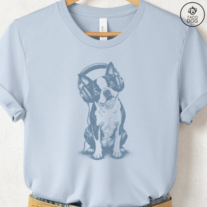 Boston Terrier Headphones T-Shirt Light Blue Taco-Dog