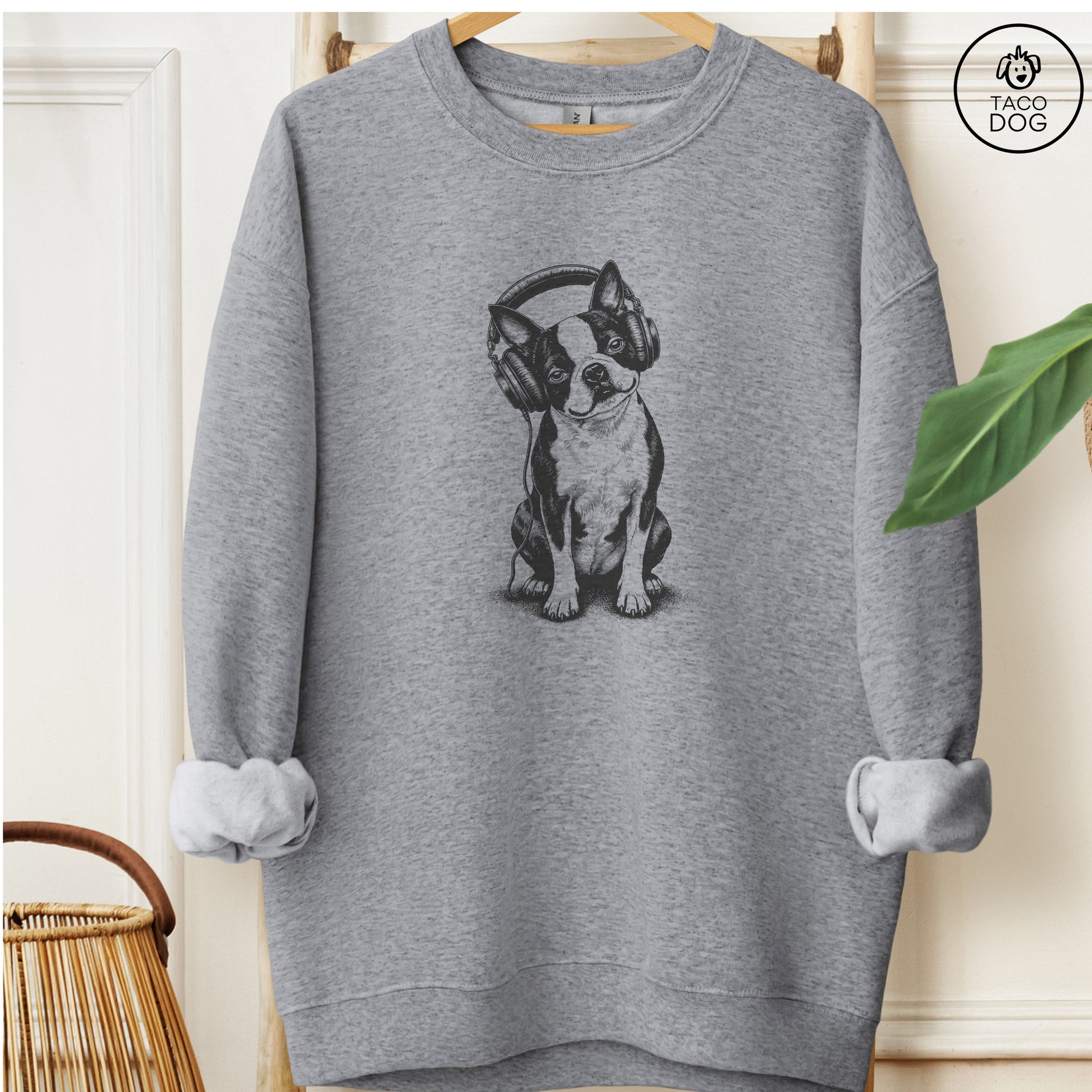 Boston Terrier Headphones Sweatshirt Graphite Heather Taco-Dog