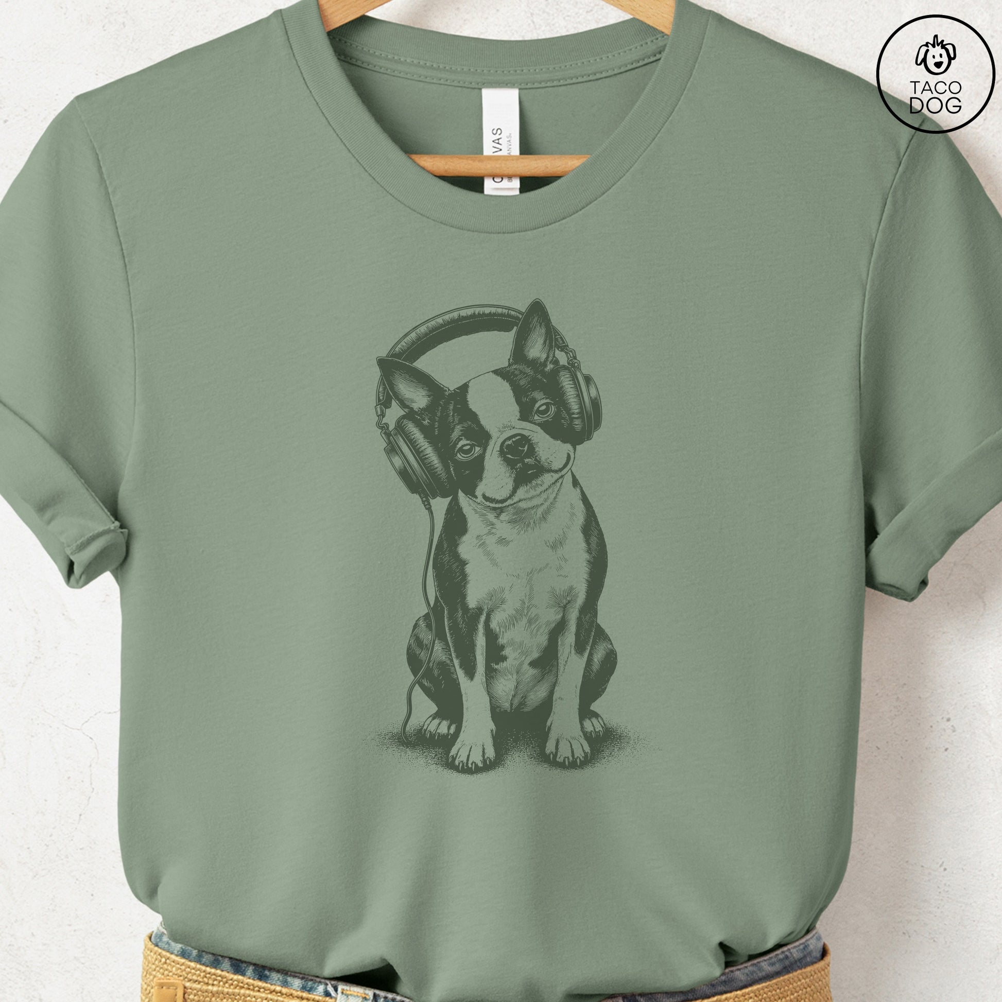 Boston Terrier Headphones T-Shirt Sage Taco-Dog
