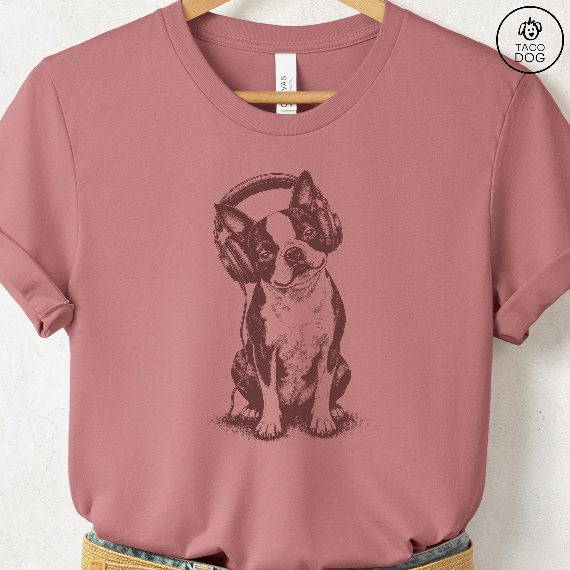 Boston Terrier Headphones T-Shirt Heather Mauve Taco-Dog