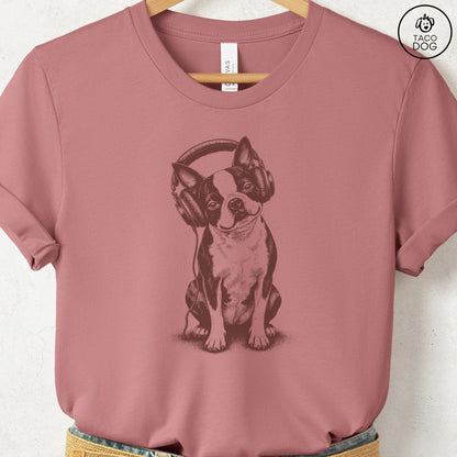 Boston Terrier Headphones T-Shirt Heather Mauve Taco-Dog