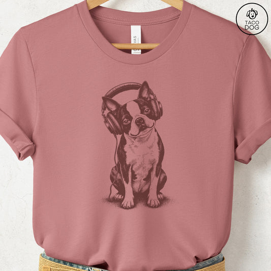 Boston Terrier Headphones T-Shirt Heather Mauve Taco-Dog