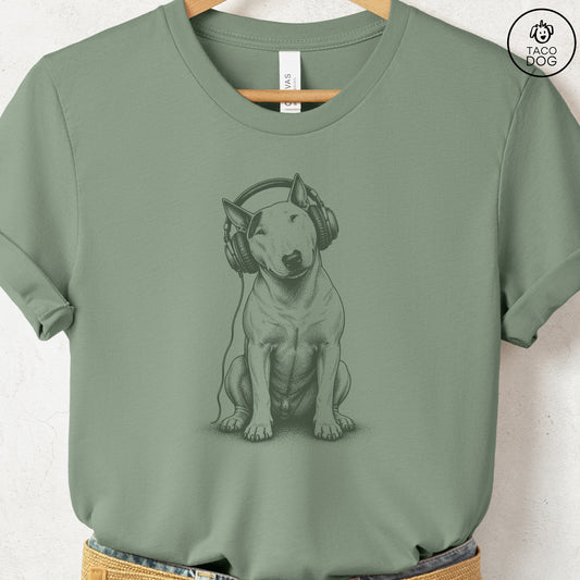 Bull Terrier Headphones T-Shirt Sage Taco-Dog