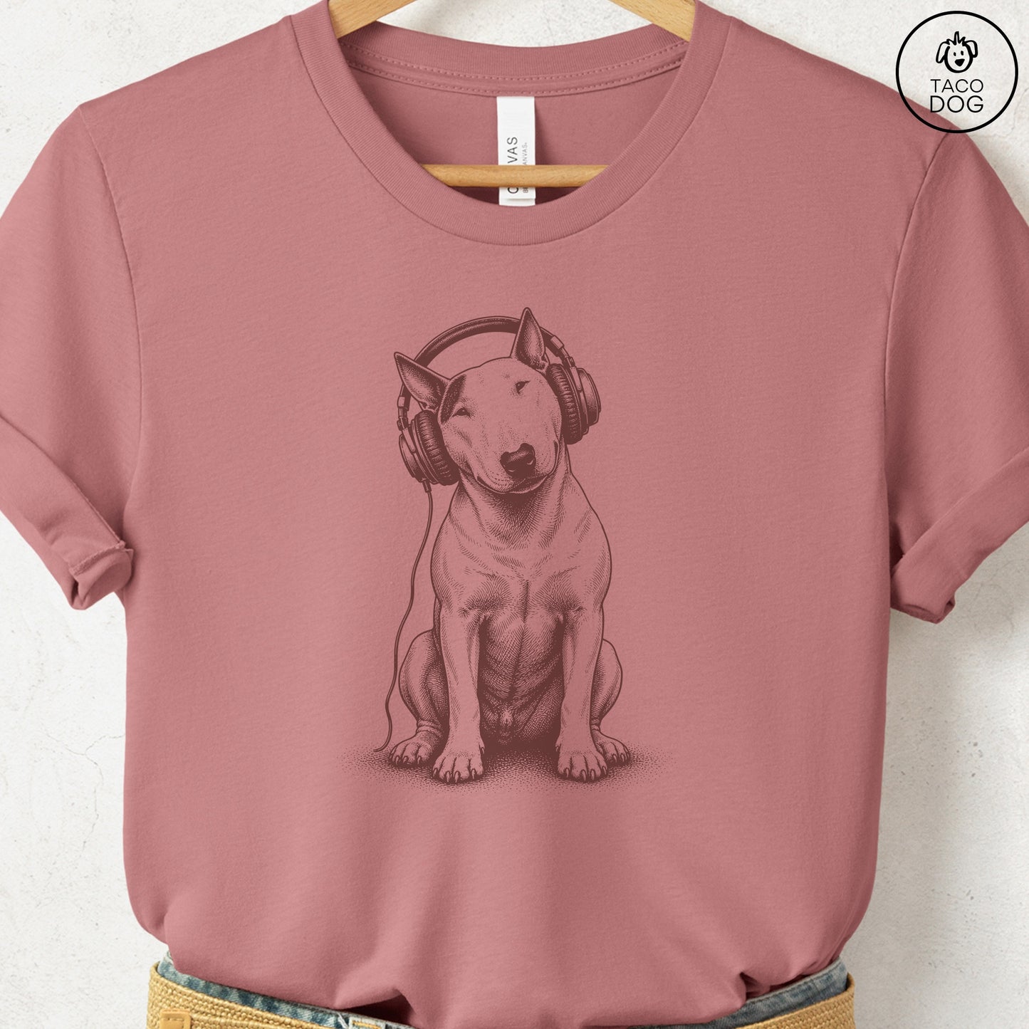 Bull Terrier Headphones T-Shirt Heather Mauve Taco-Dog