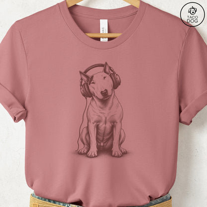 Bull Terrier Headphones T-Shirt Heather Mauve Taco-Dog
