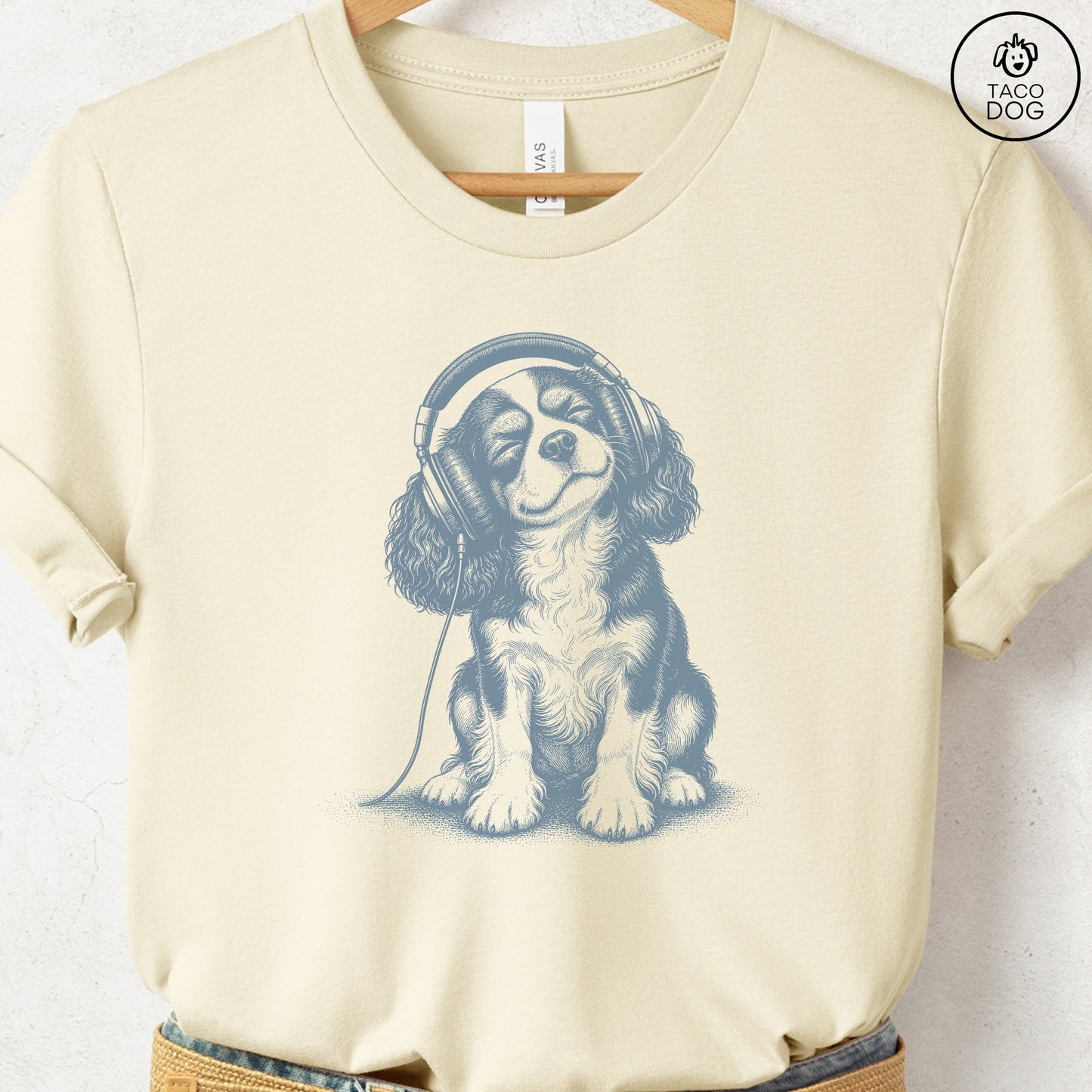 Cavalier King Charles Spaniel Headphones T-Shirt Natural Taco-Dog